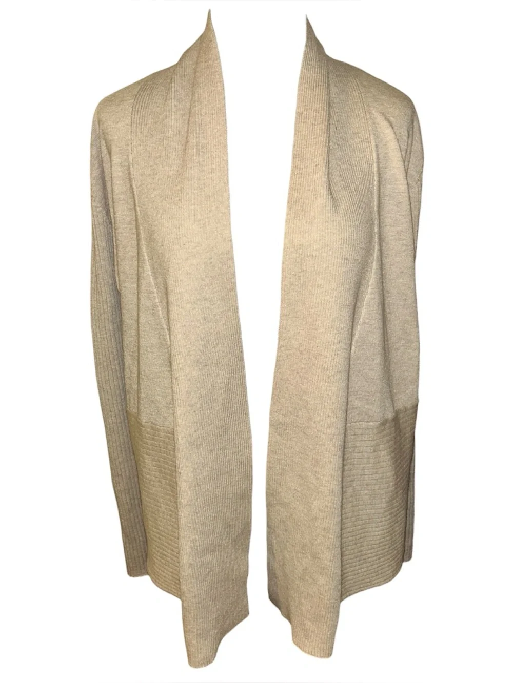 new upcycled beige ribbed short waterfall style cardigan women’s size large